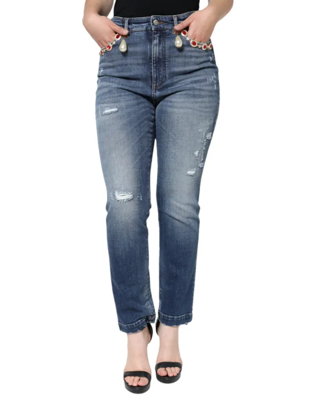 Dark Blue Cotton Tattered Skinny Denim Jeans sold by Lord & Taylor