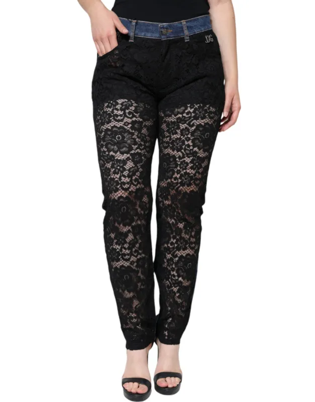 Black Floral Lace Front Skinny Denim Jeans sold by Lord & Taylor