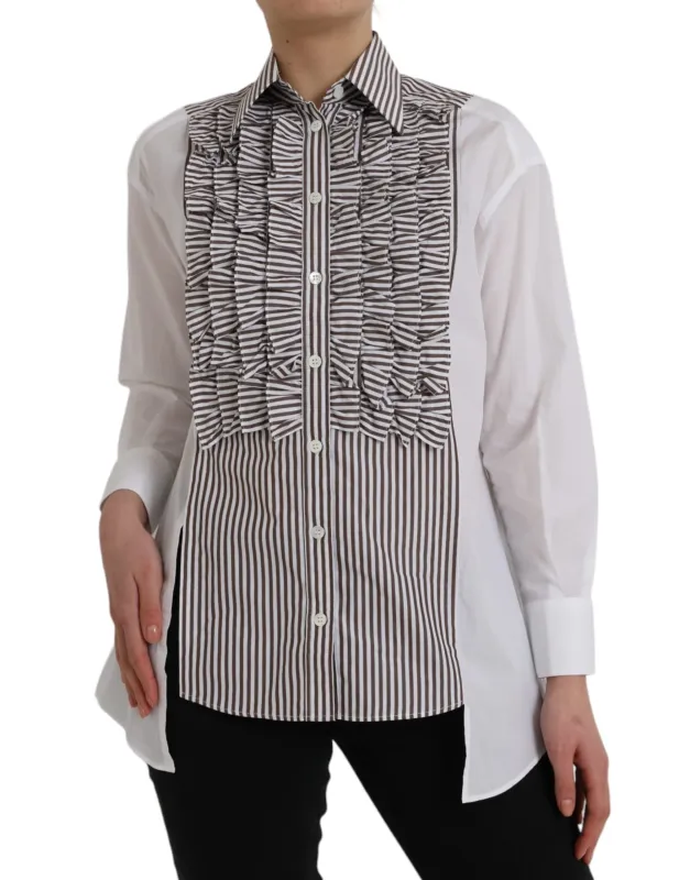 White Stripes Cotton Long Sleeves Ruffle Collar Top sold by Lord & Taylor
