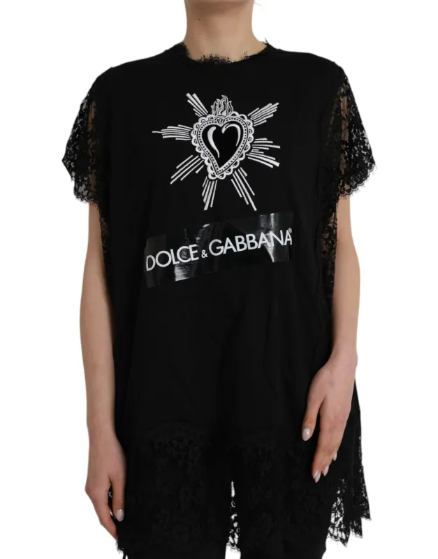 Black Sacred Heart Print Cotton Lace T-shirt made by Lord & Taylor
