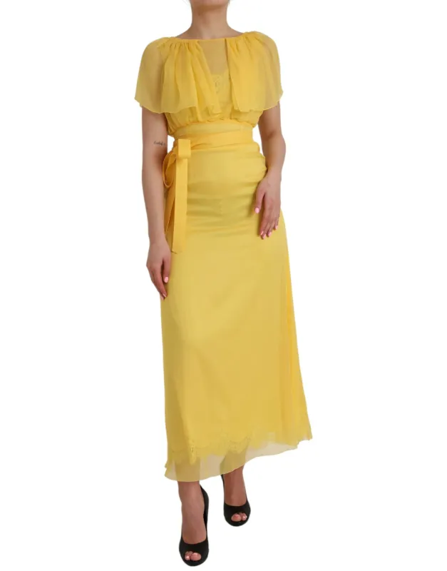 Yellow Silk Sheath Belted Long Maxi Dress sold by Lord & Taylor