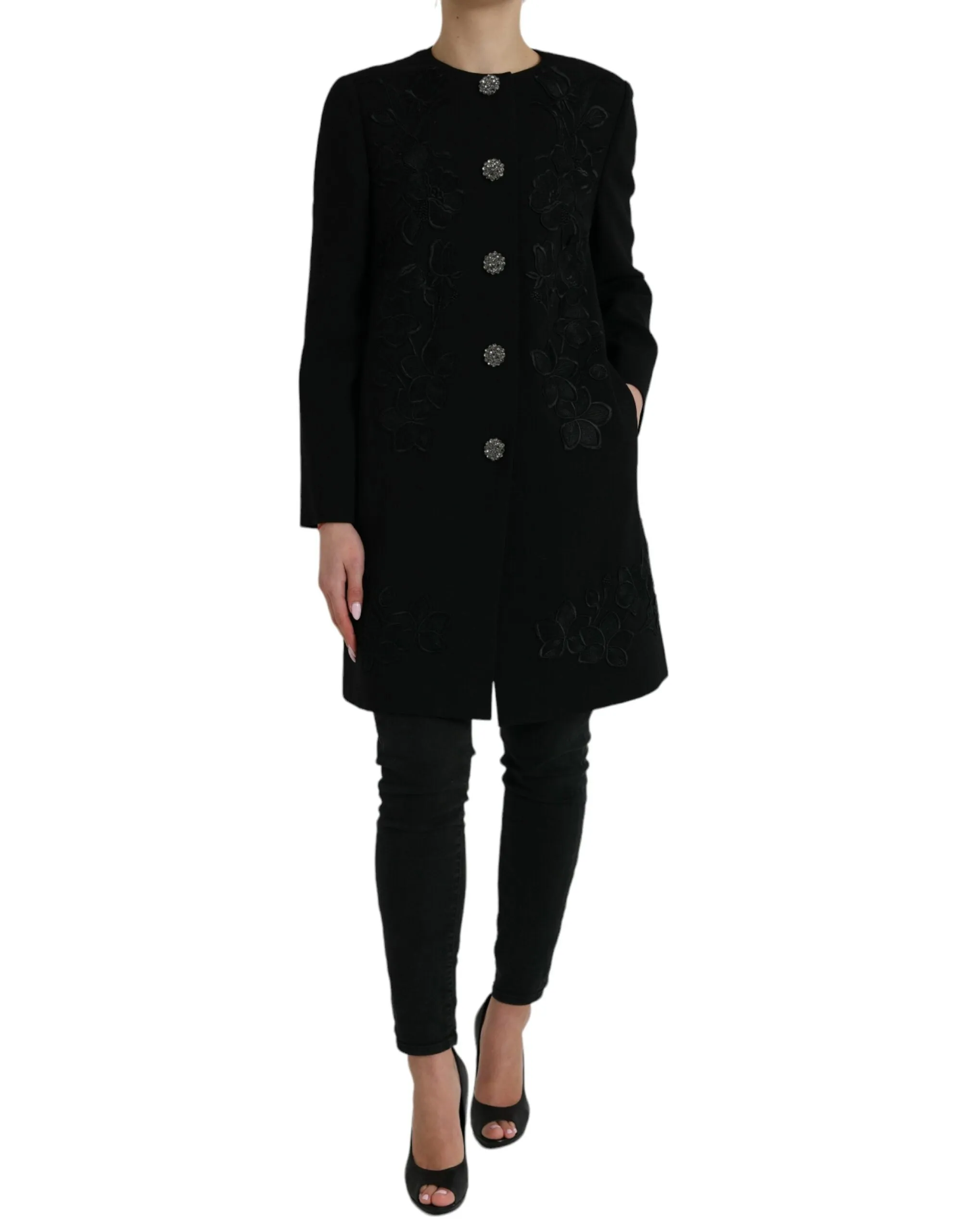Black Floral Wool Button Embellished Jacket sold by Lord & Taylor