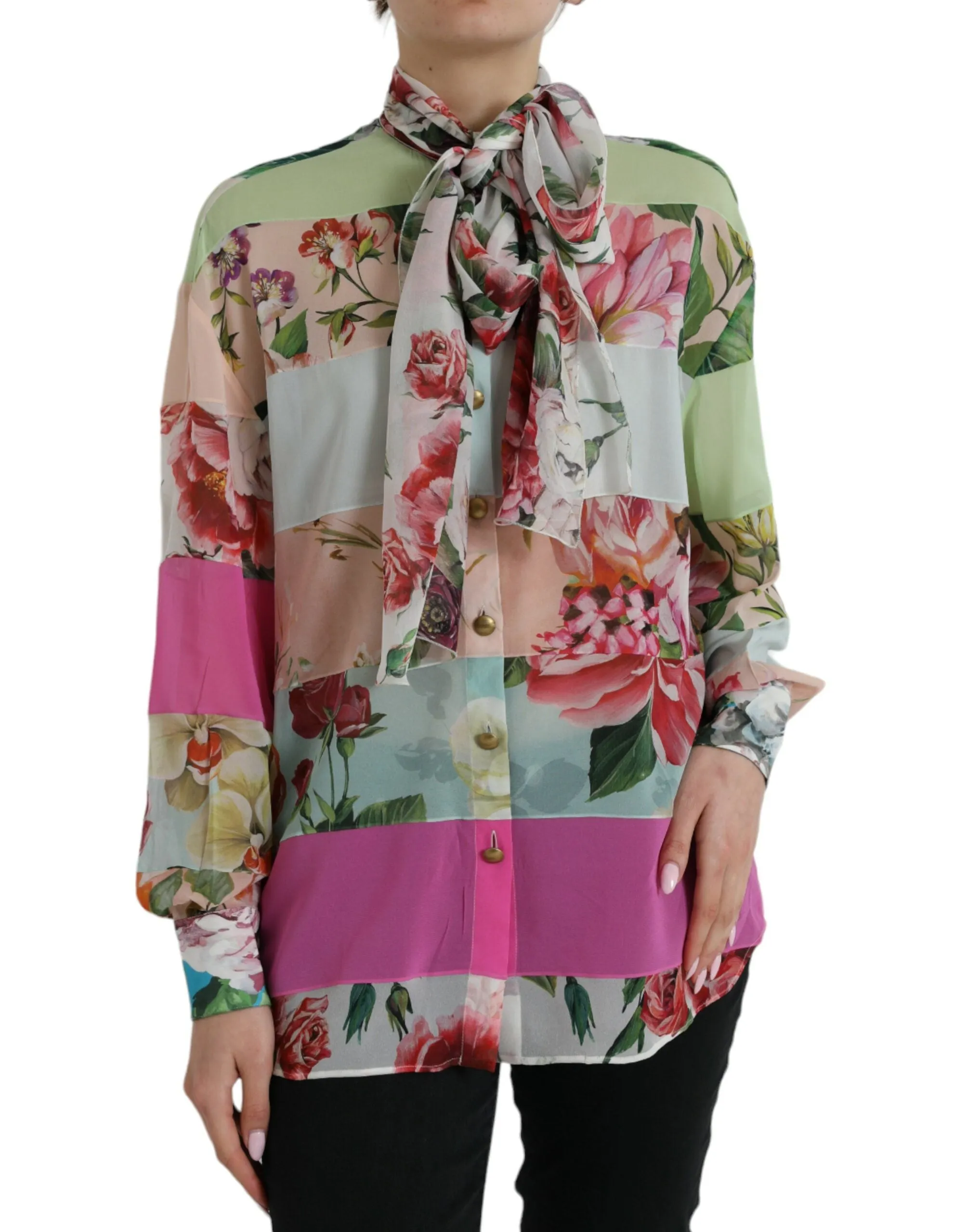 Multicolor Floral Patchwork Ascot Collar Top sold by Lord & Taylor