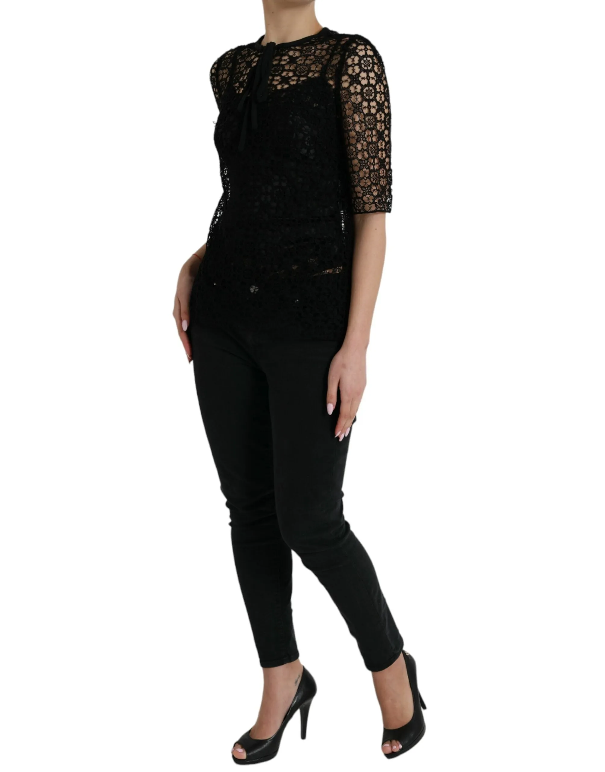 Black Floral Lace Short Sleeves Blouse Top sold by Lord & Taylor product image thumbnail 2