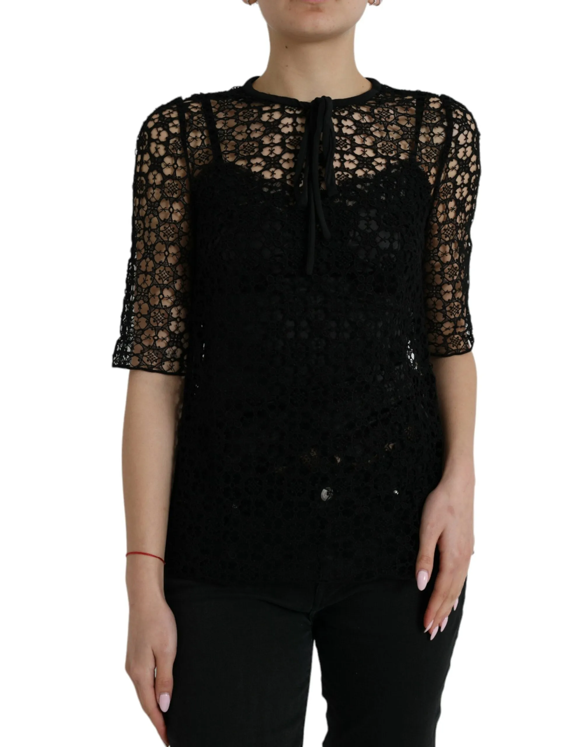 Black Floral Lace Short Sleeves Blouse Top sold by Lord & Taylor