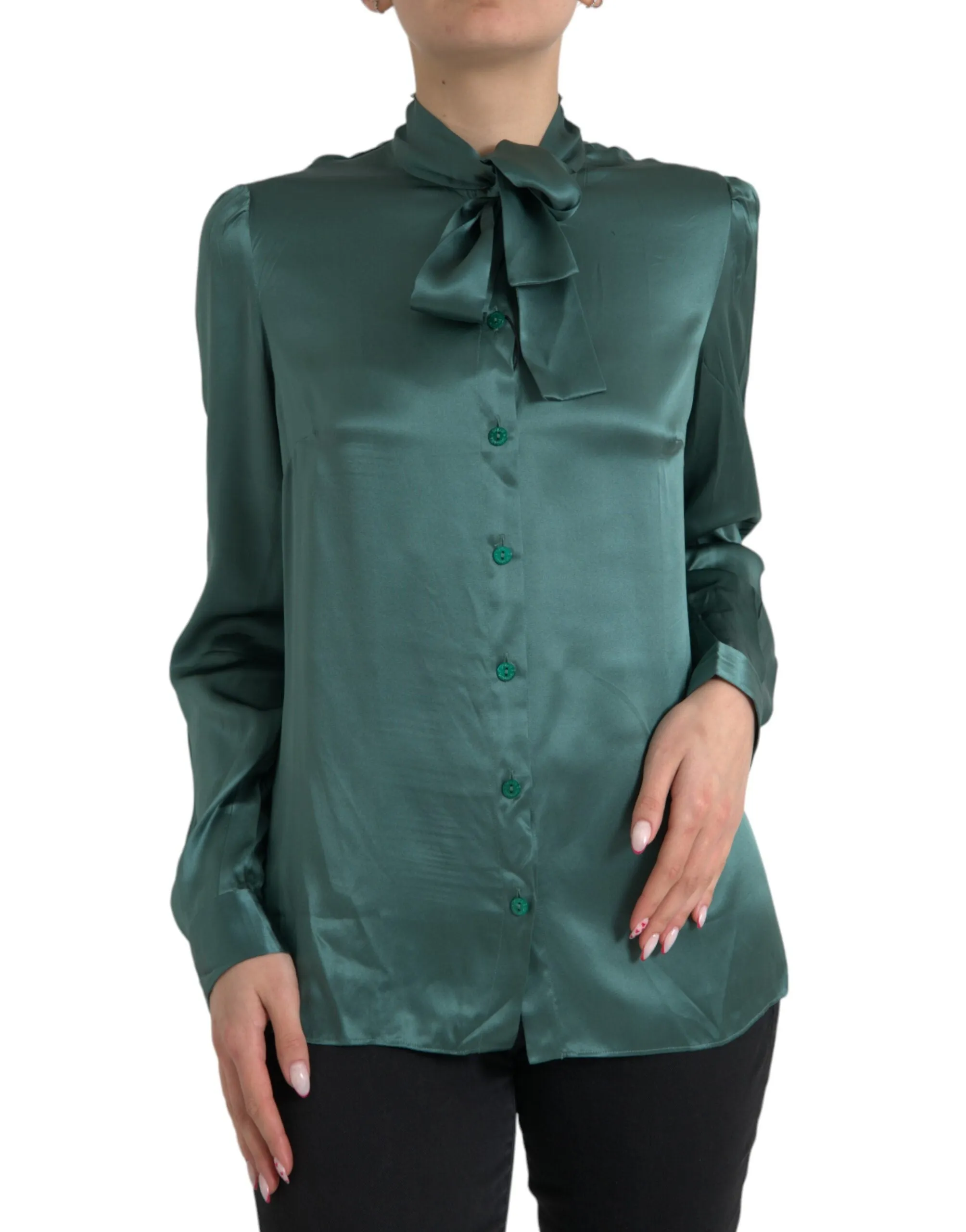 Dark Green Silk Ascot Collar Blouse Top sold by Lord & Taylor