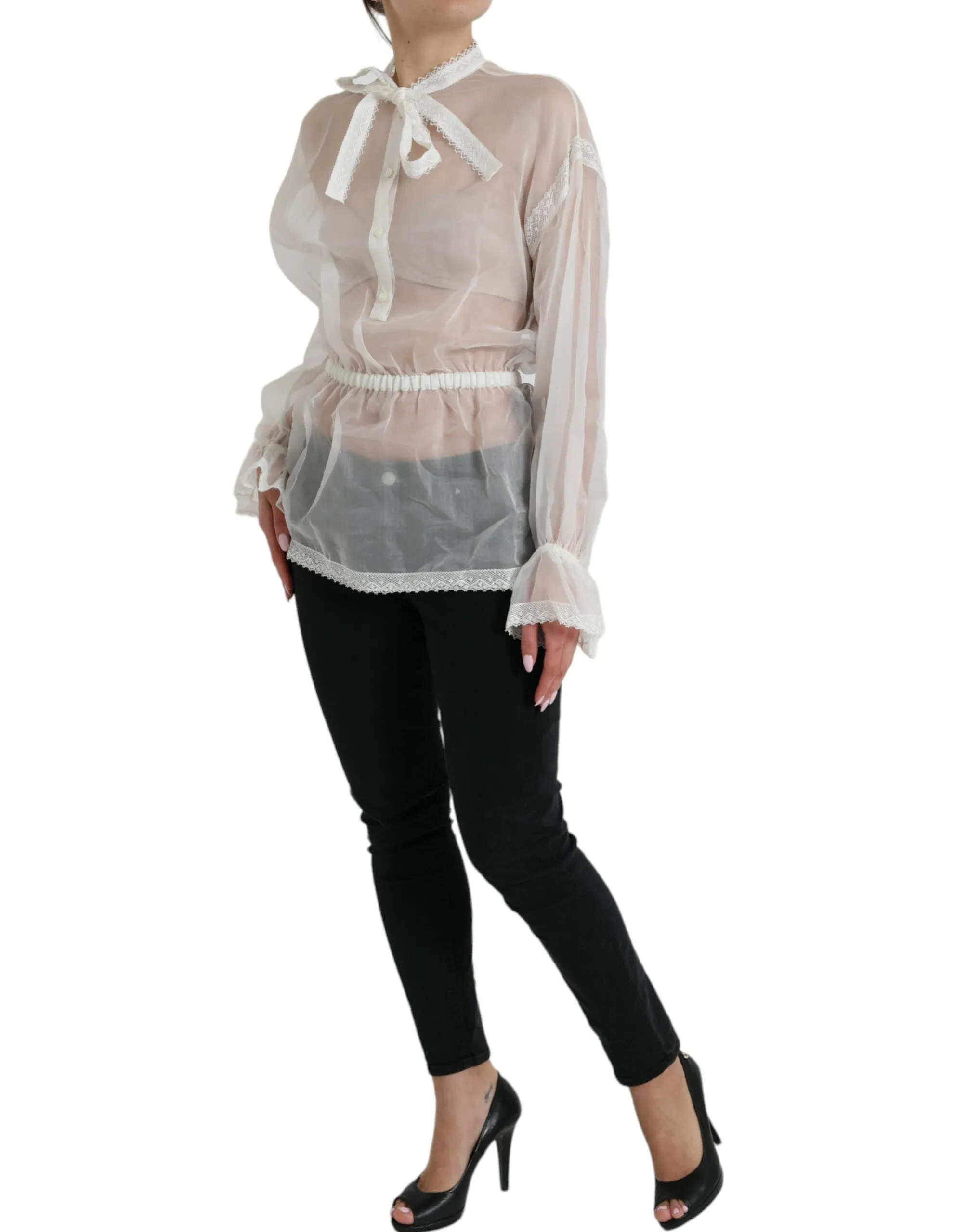 White Silk Long Sleeves Ascot Collar Top sold by Lord & Taylor