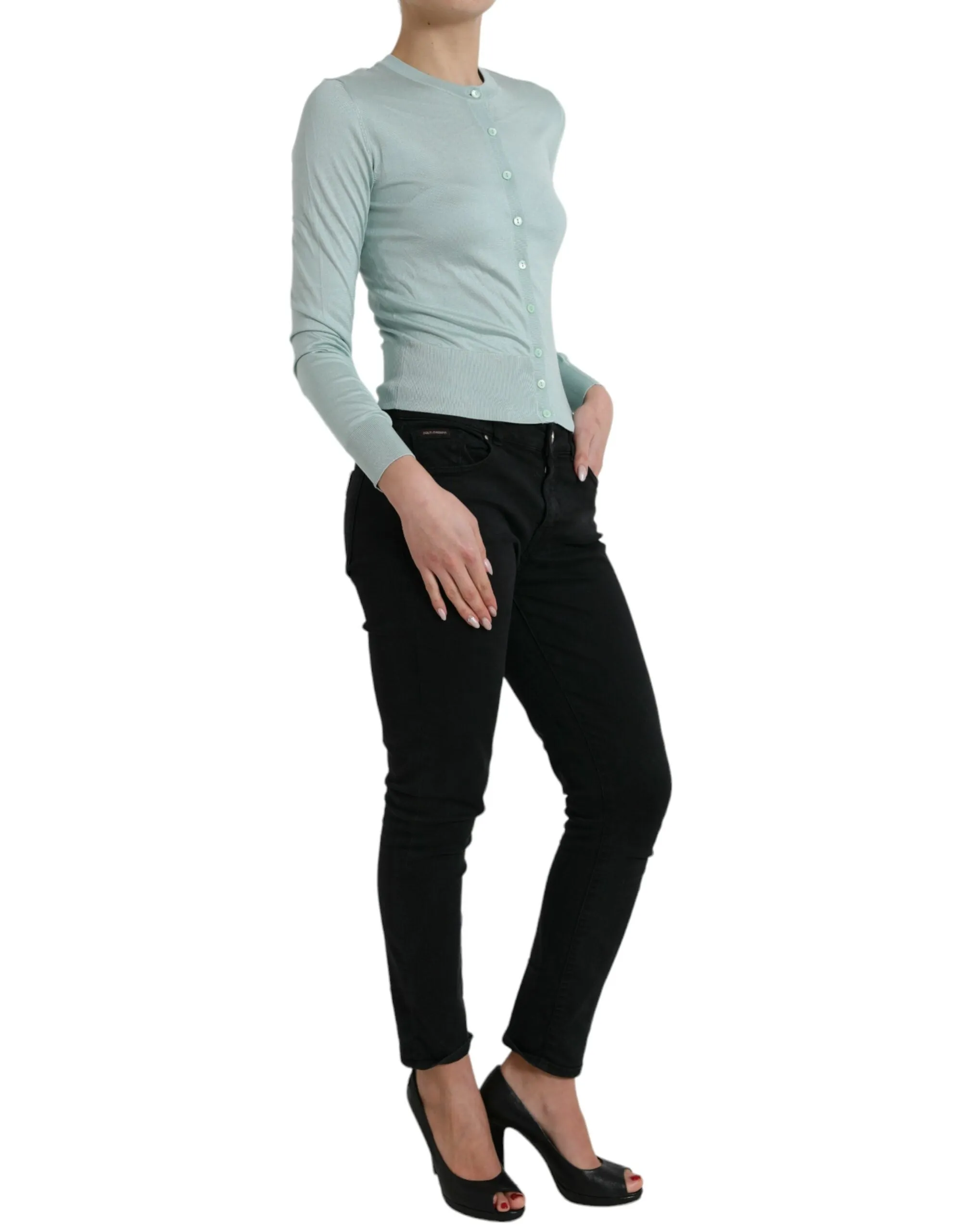 Light Blue Silk Crew Neck Cardigan Sweater sold by Lord & Taylor product image thumbnail 2