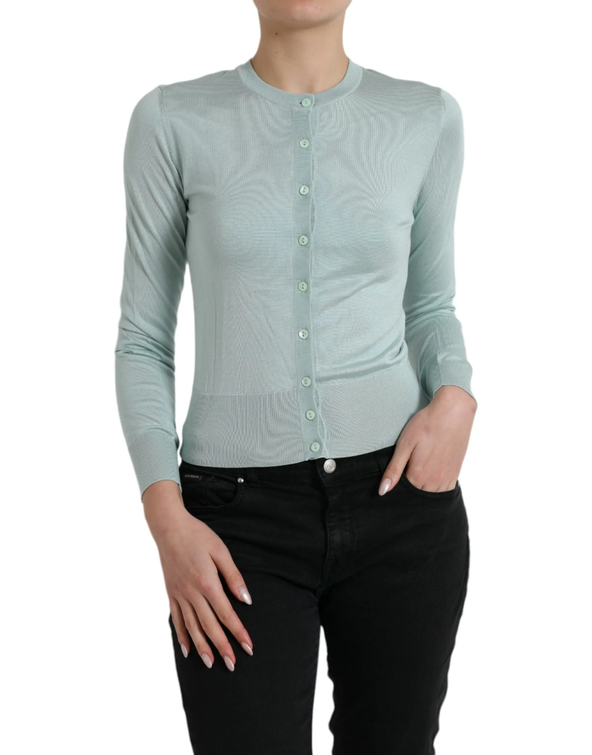 Light Blue Silk Crew Neck Cardigan Sweater sold by Lord & Taylor