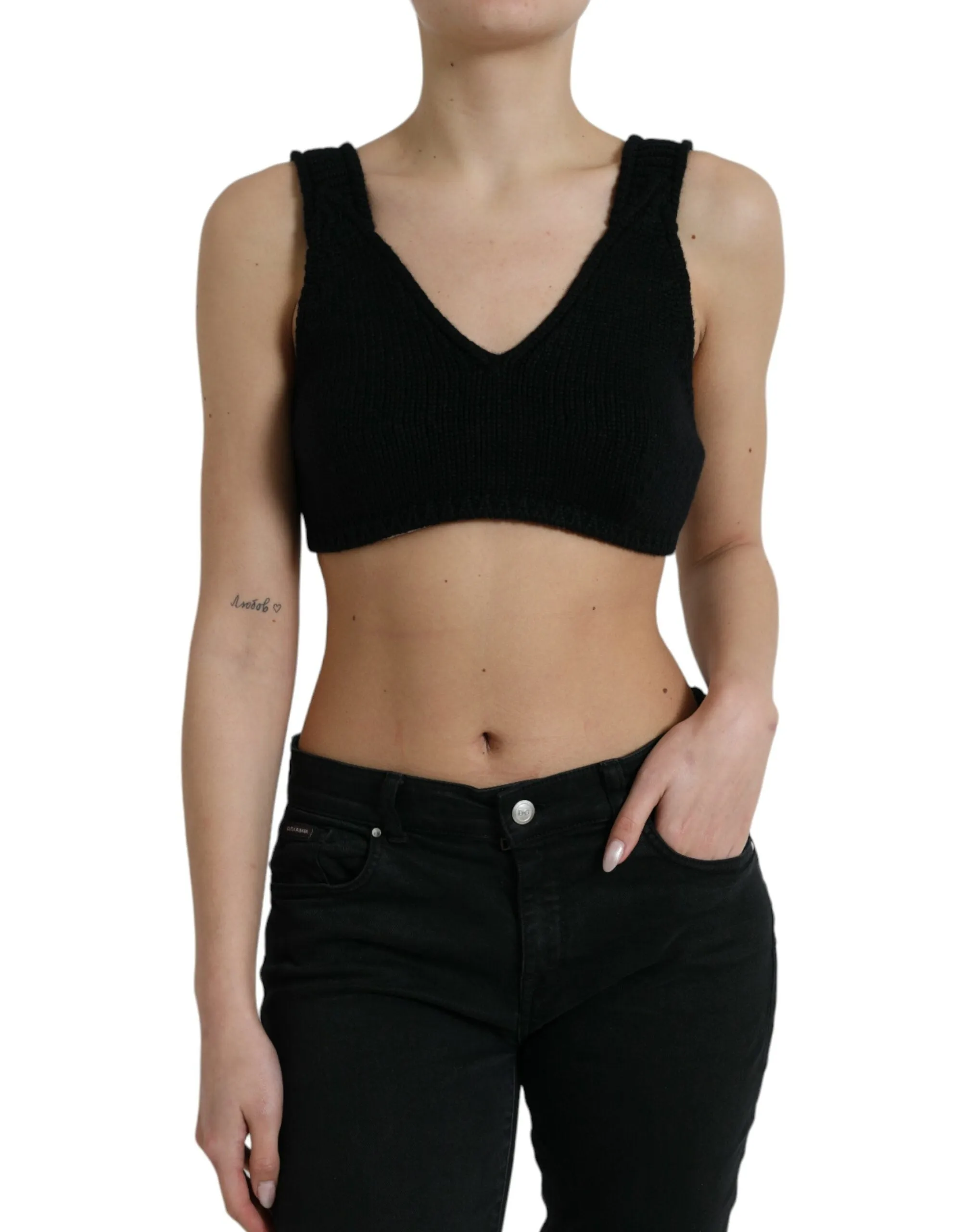 Black Cropped Cashmere V-neck Bustier Top sold by Lord & Taylor