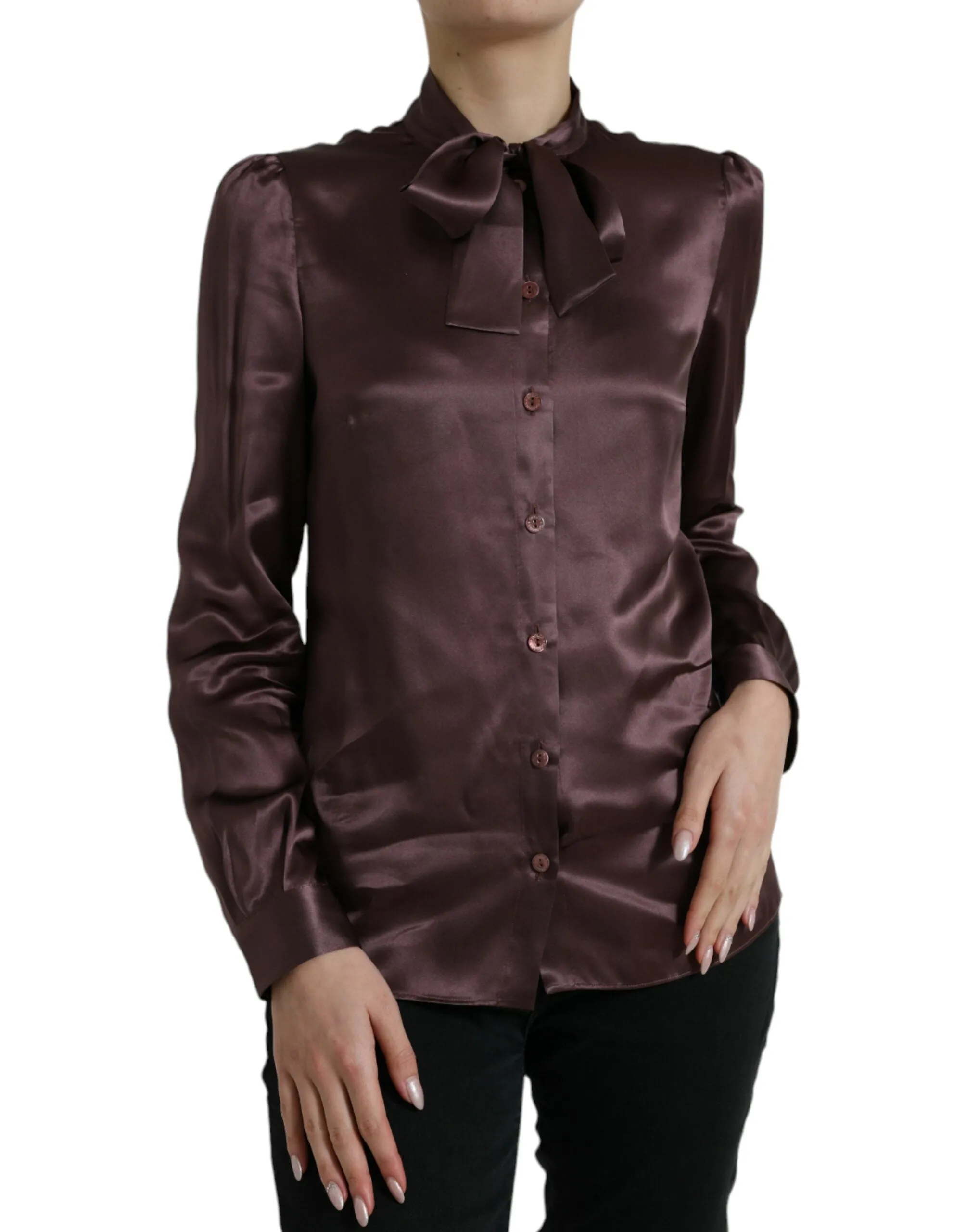 Brown Silk Ascot Collar Long Sleeve Blouse Top sold by Lord & Taylor