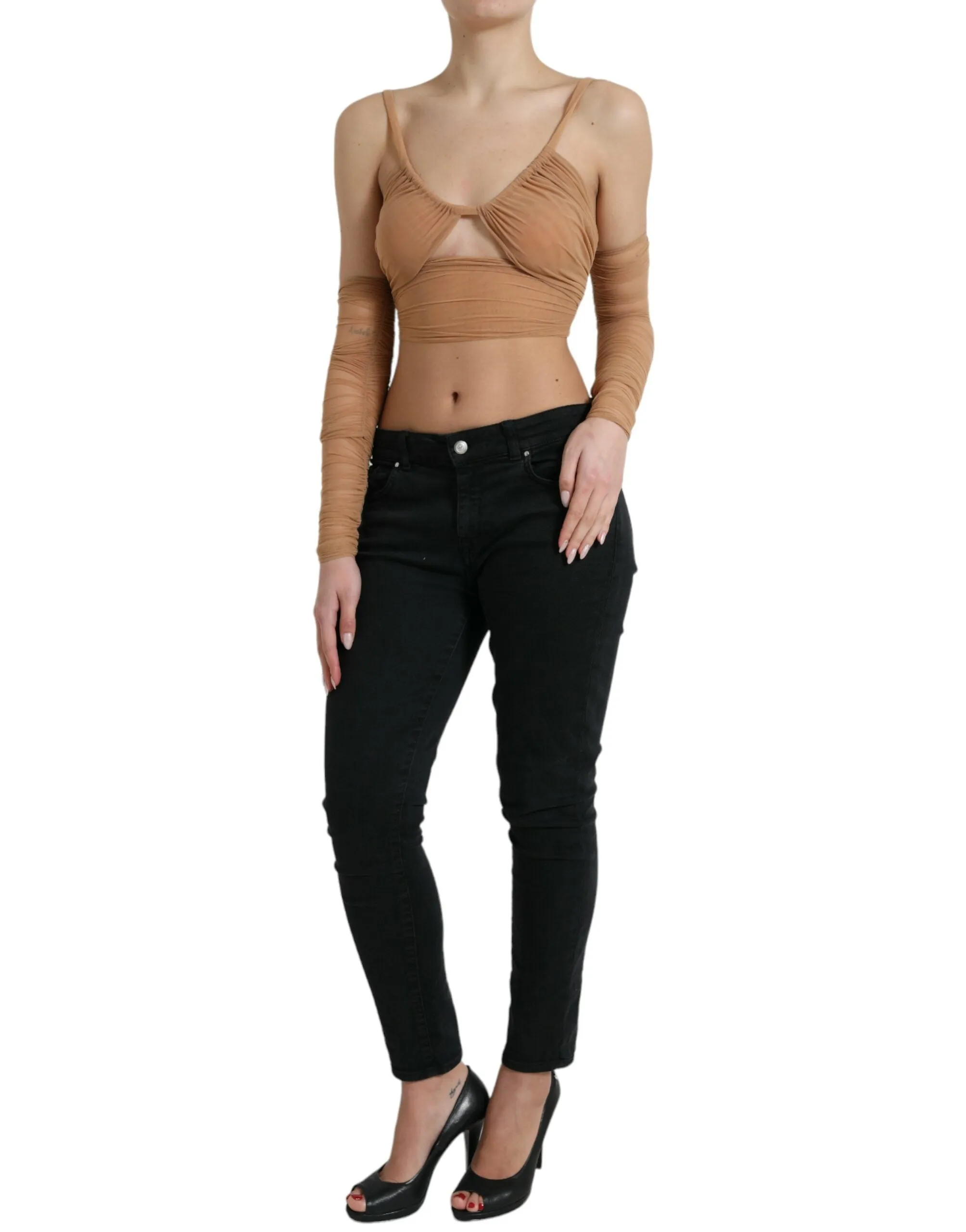Brown Nylon Stretch Open Shoulder Cropped Top sold by Lord & Taylor product image thumbnail 2