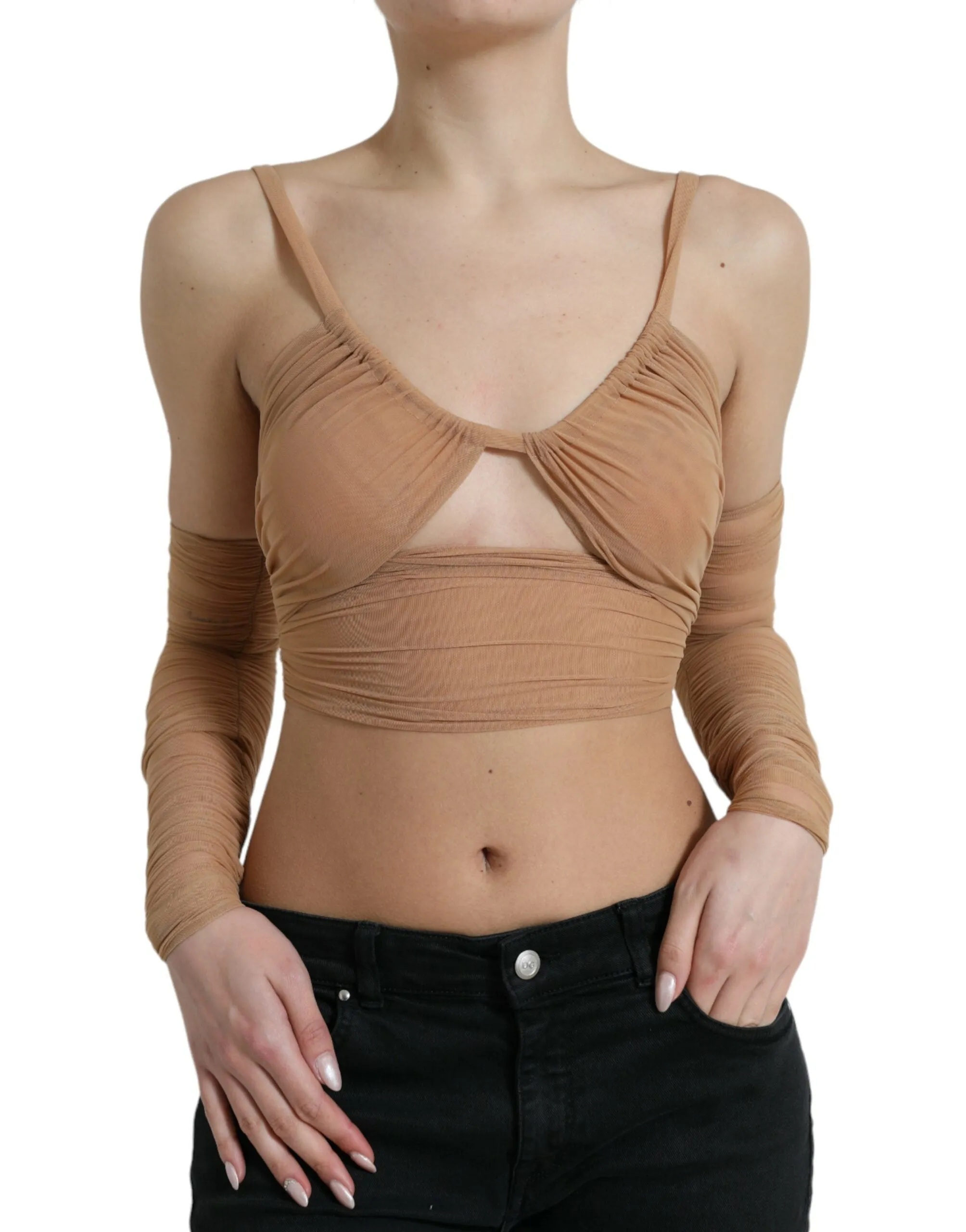 Brown Nylon Stretch Open Shoulder Cropped Top sold by Lord & Taylor