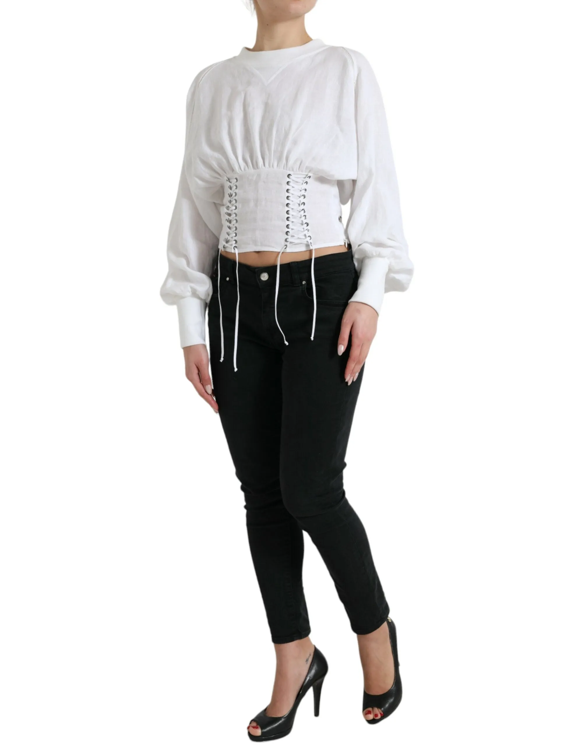 White Cotton Corset Cropped Long Sleeves Top sold by Lord & Taylor product image thumbnail 2