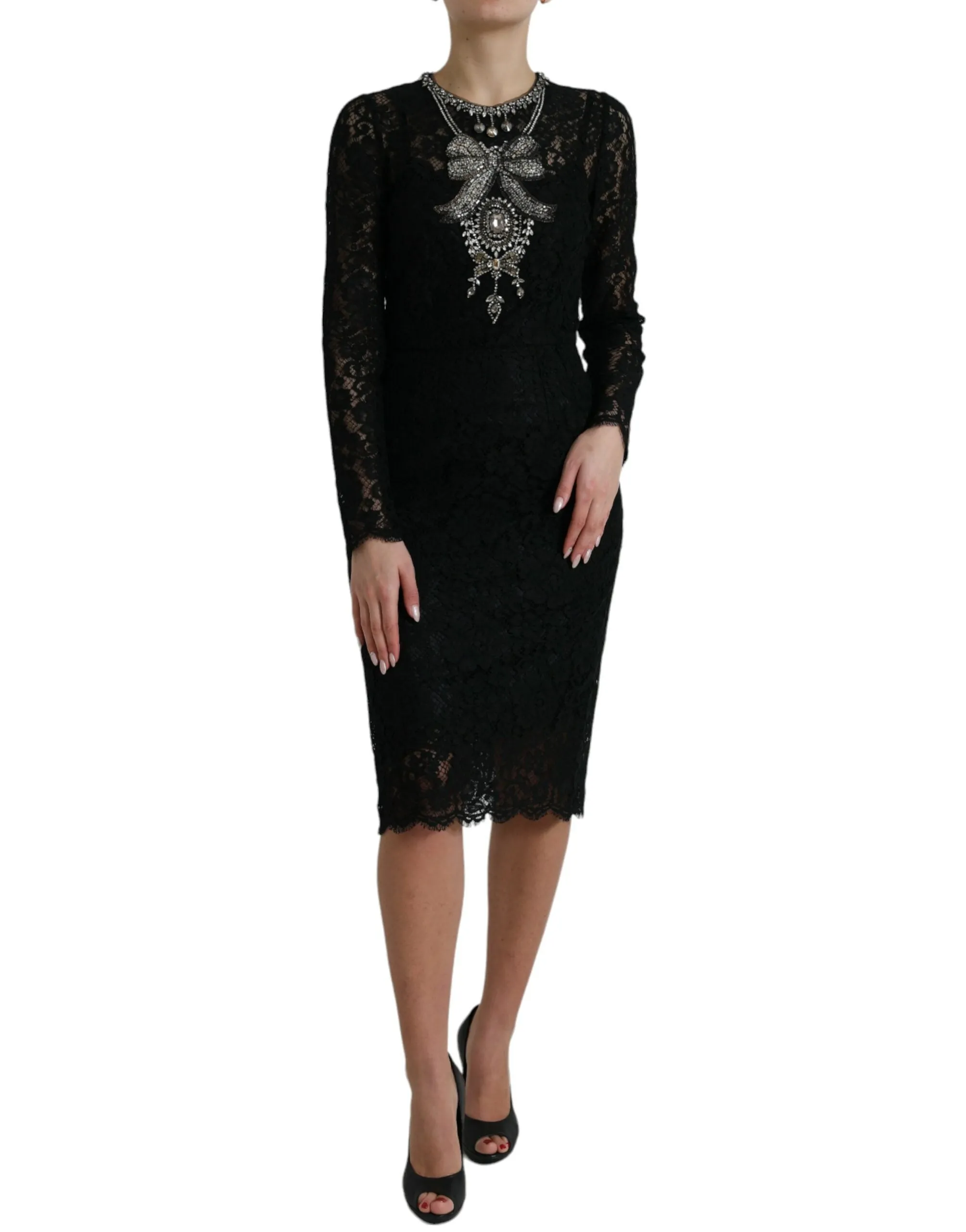 Black Lace Crystal Embellished Sheath Dress sold by Lord & Taylor