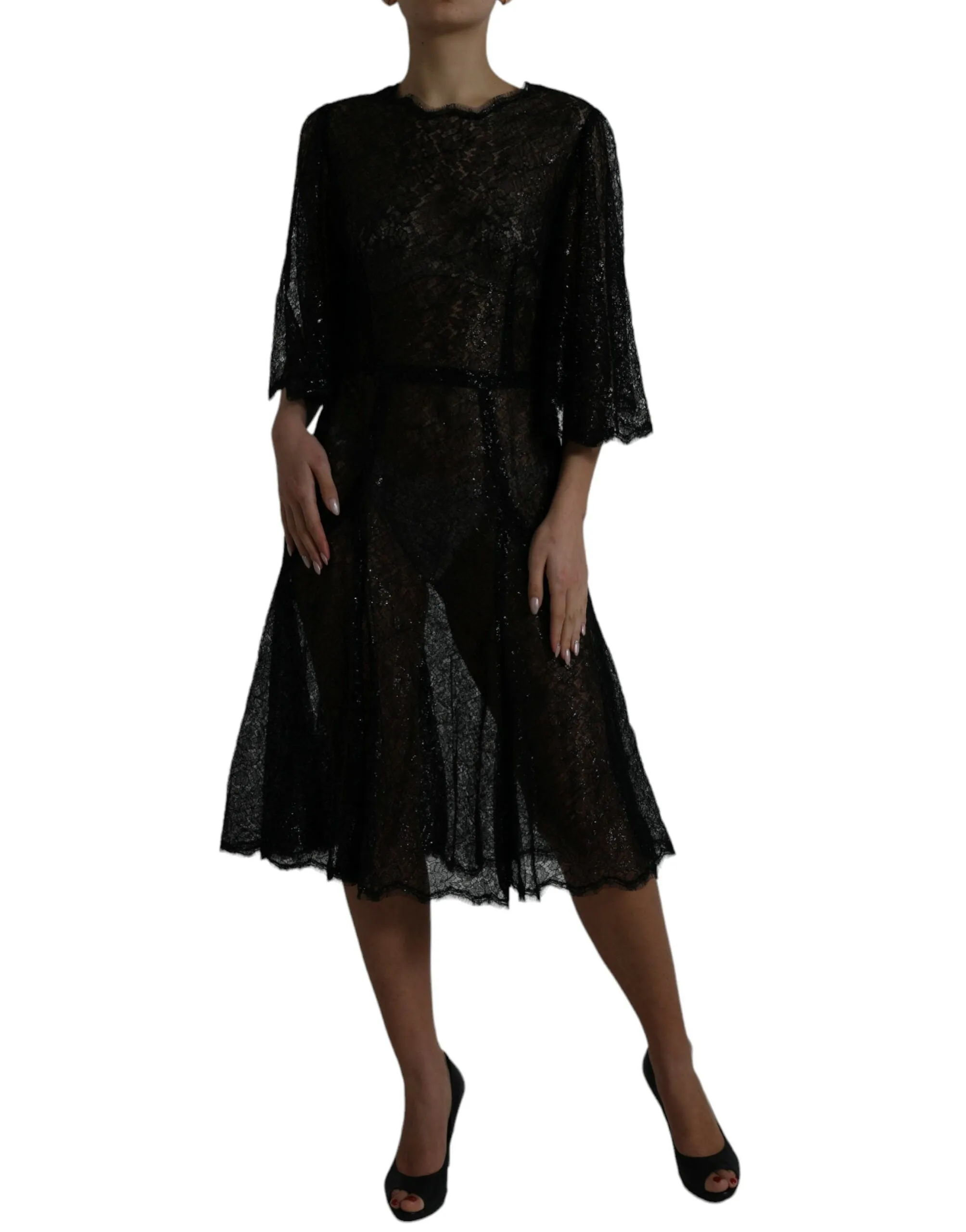 Black Floral Lace Sheer A-line Midi Dress sold by Lord & Taylor product image thumbnail 2