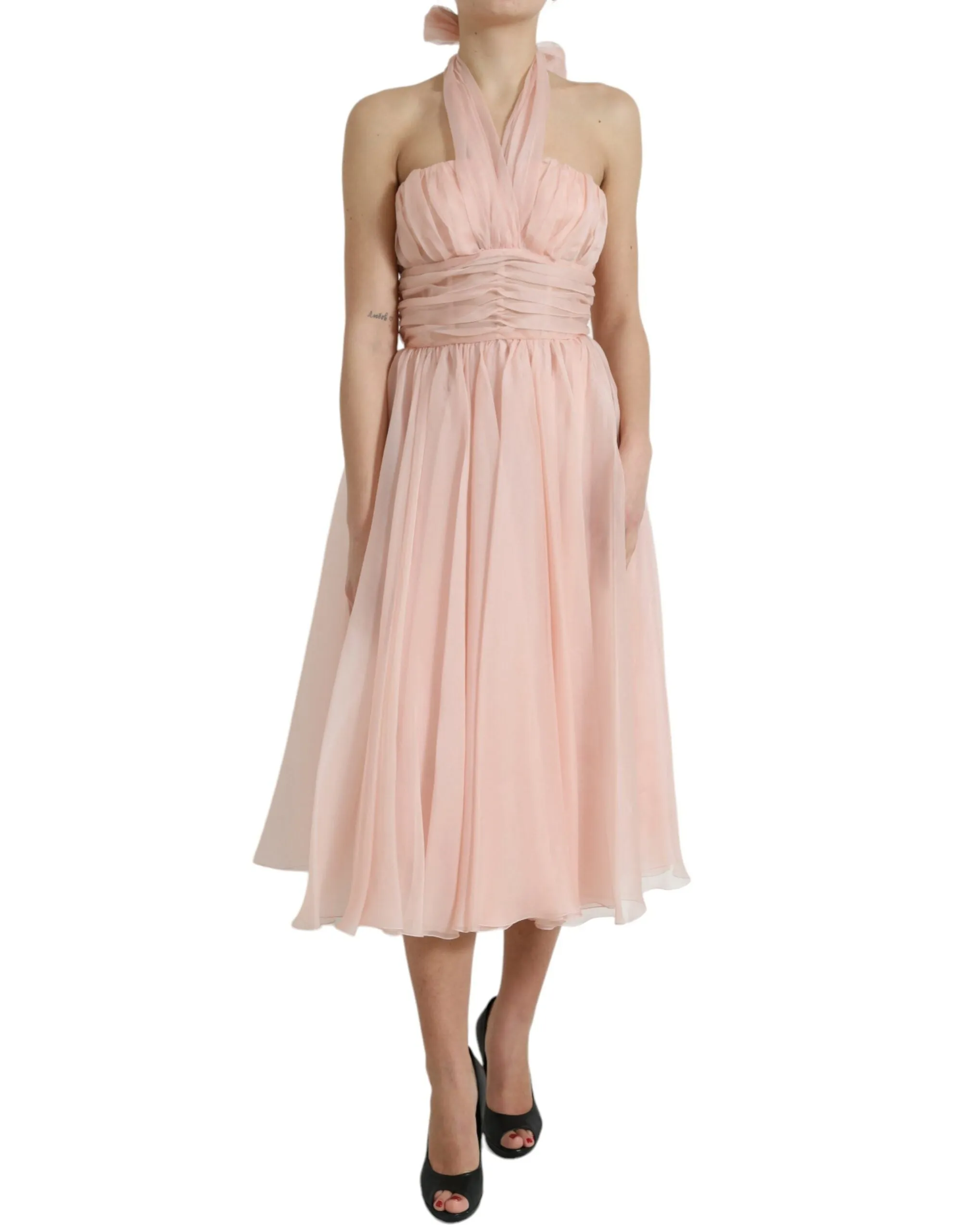 Pink Silk Chiffon Halter A-line Pleated Midi Dress sold by Lord & Taylor