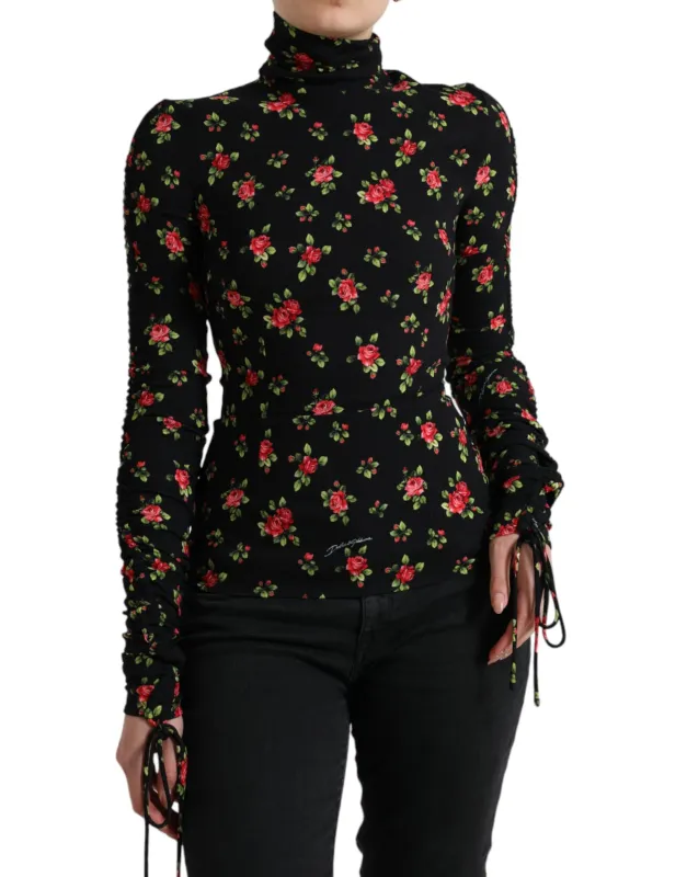 Black Rose Print Turtle Neck Blouse Top sold by Lord & Taylor