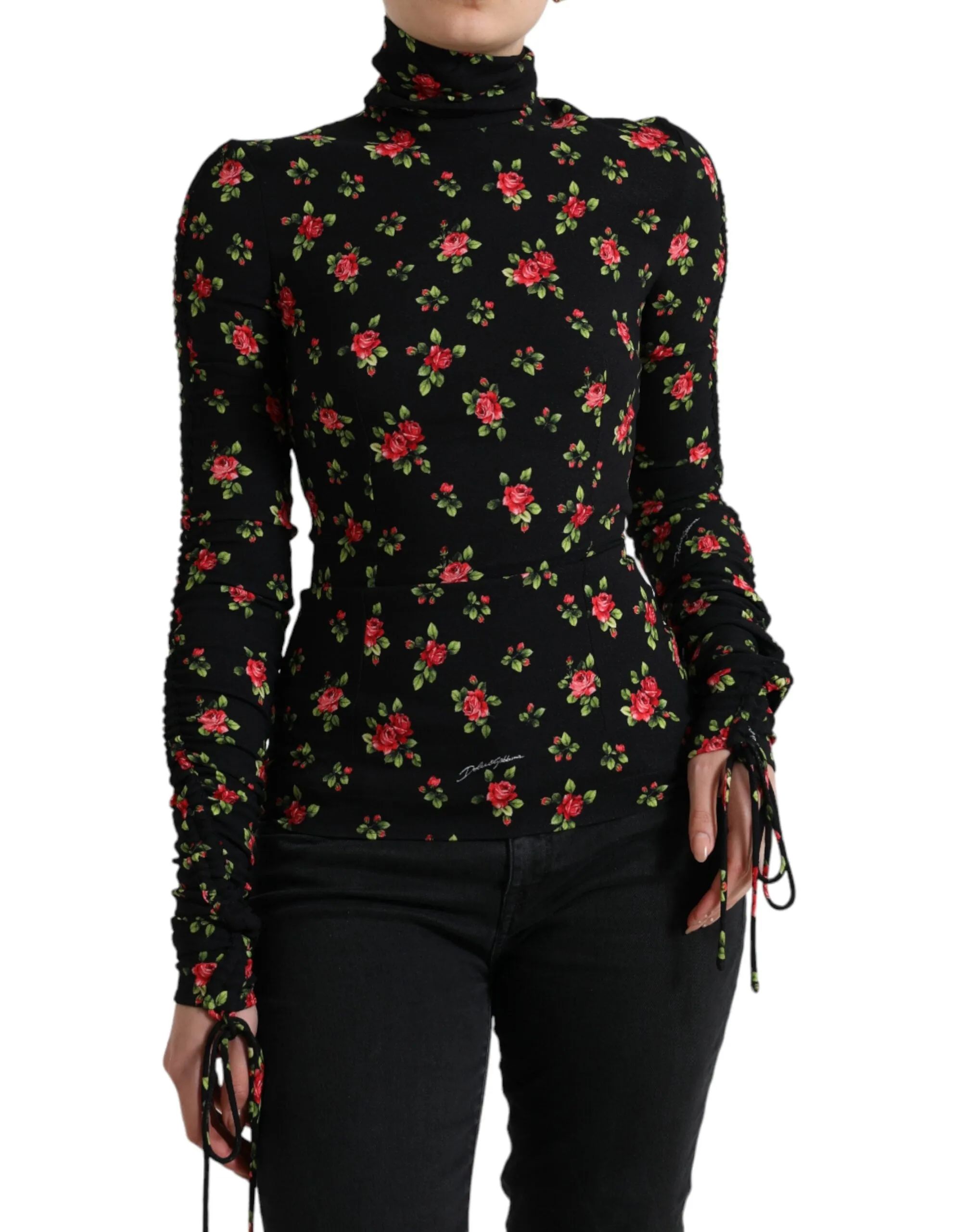 Black Rose Print Turtle Neck Blouse Top sold by Lord & Taylor