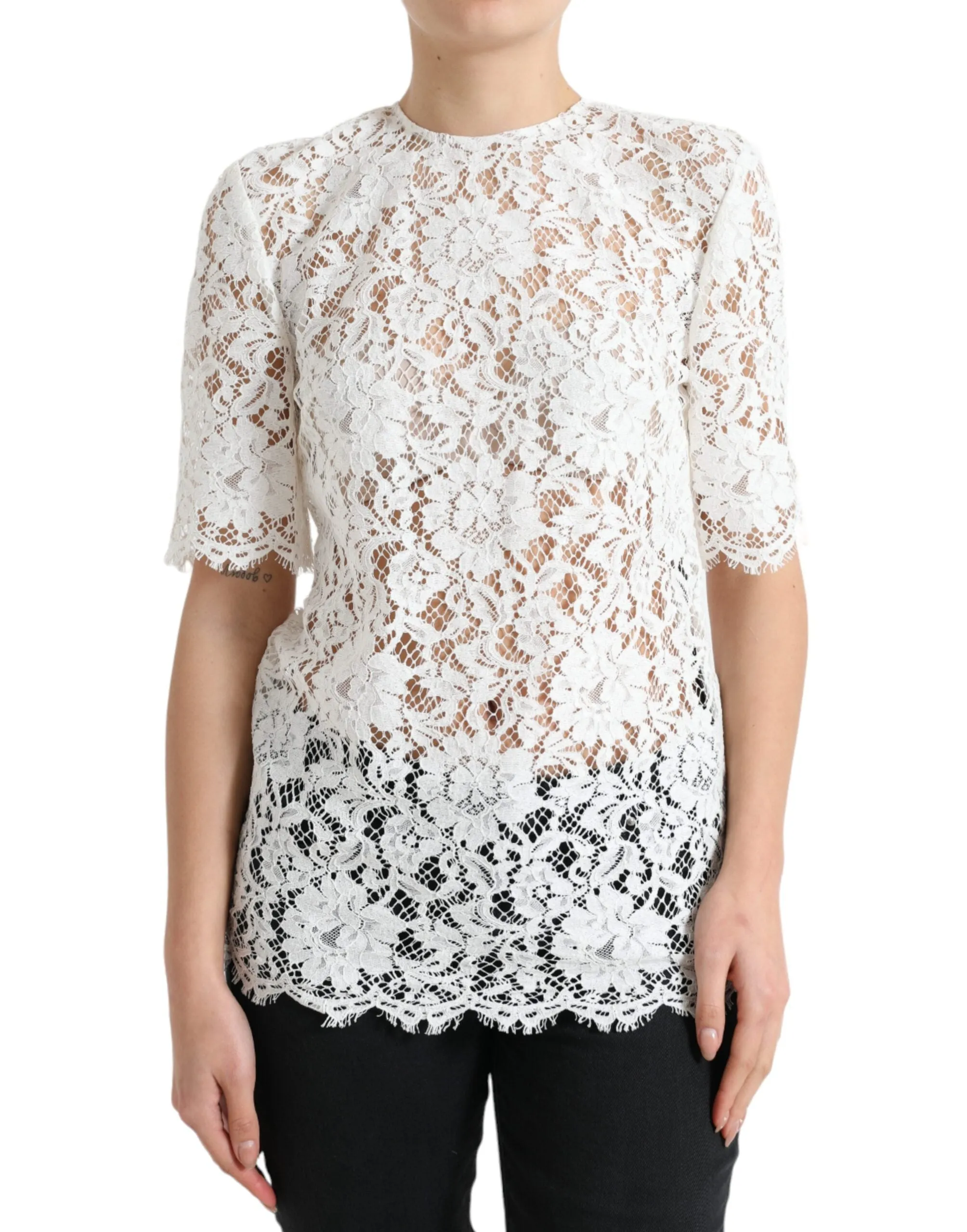 White Floral Lace Cotton Round Neck Blouse Top sold by Lord & Taylor