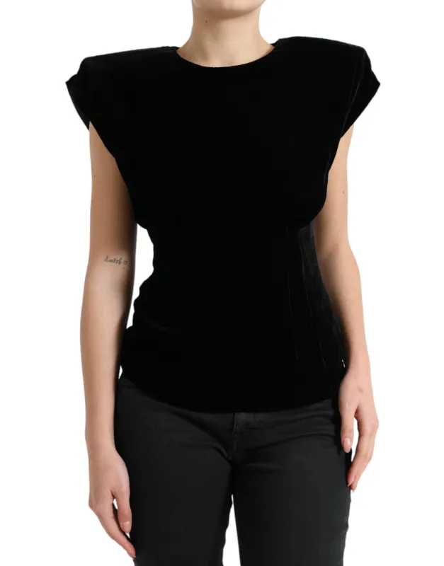 Black Velvet Fitted Padded Shoulder Blouse Top sold by Lord & Taylor