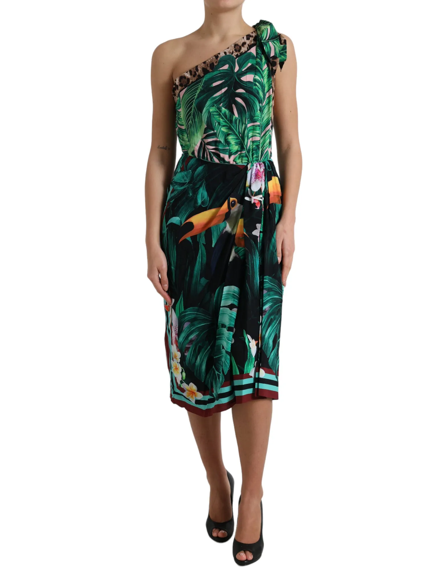 Green Tropical Jungle Print One Shoulder Midi Dress sold by Lord & Taylor