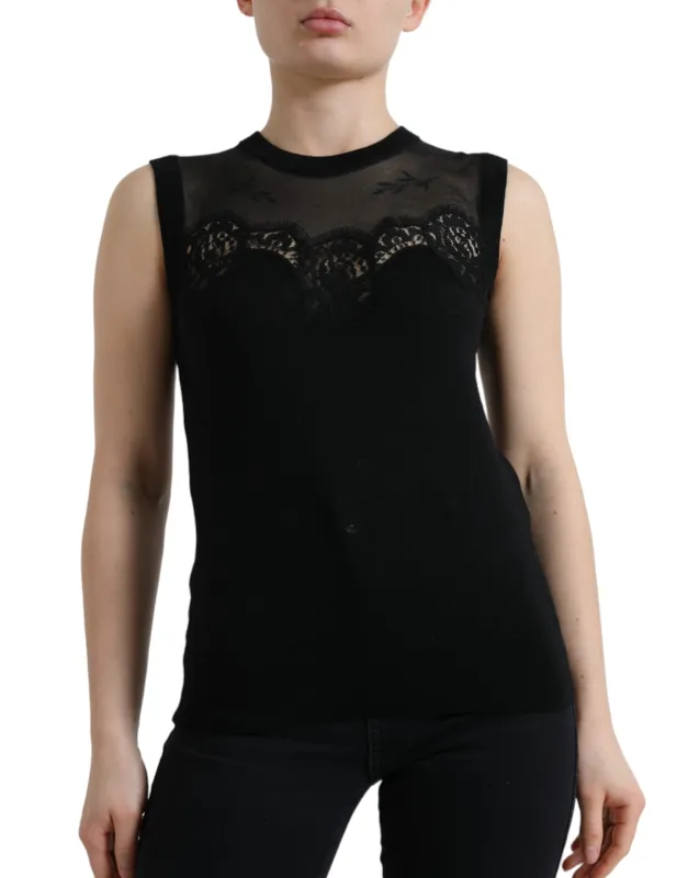Black Cashmere Lace Trim Sleeveless Tank Top sold by Lord & Taylor