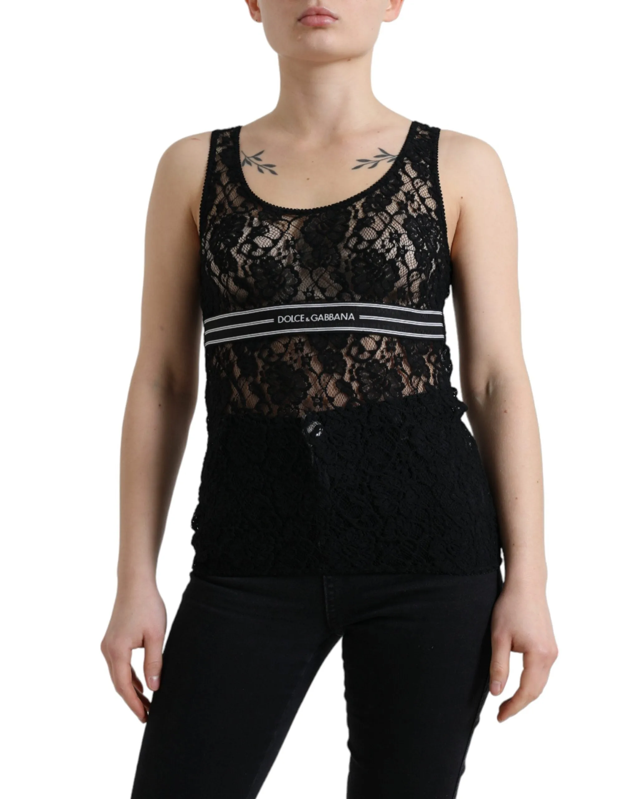 Black Logo Stripe Lace Sleeveless Tank Top sold by Lord & Taylor