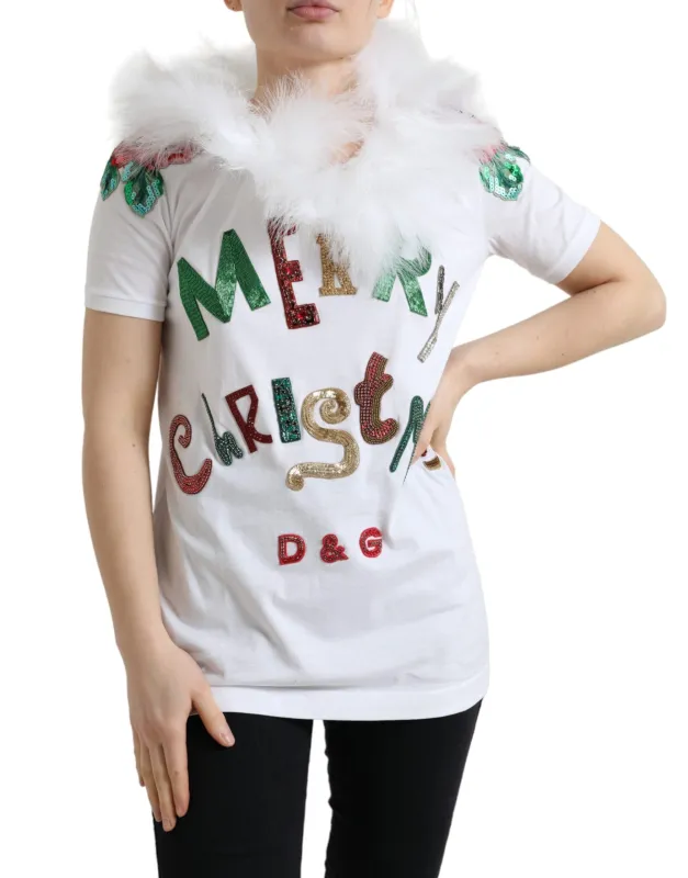 White Cotton Christmas Sequin Fur T-shirt made by Lord & Taylor