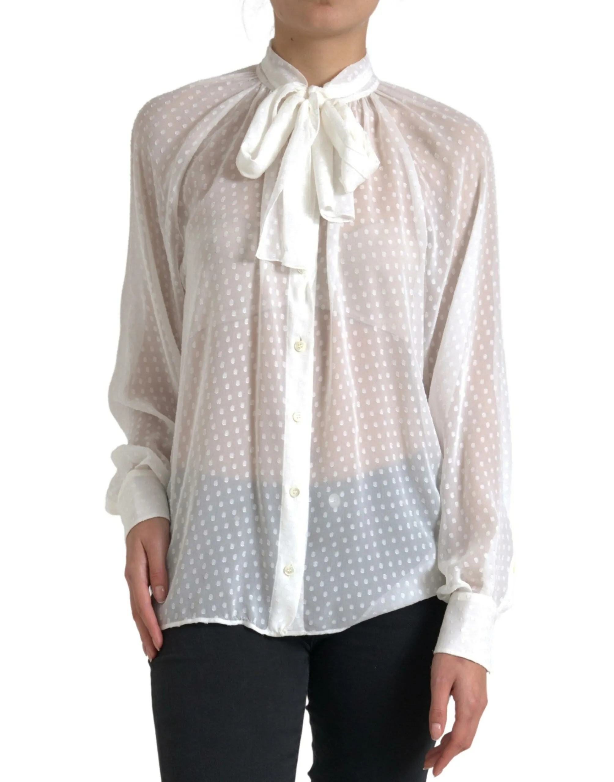White Silk Sheer Tied Neck Polka Dots Blouse sold by Lord & Taylor product image thumbnail 3