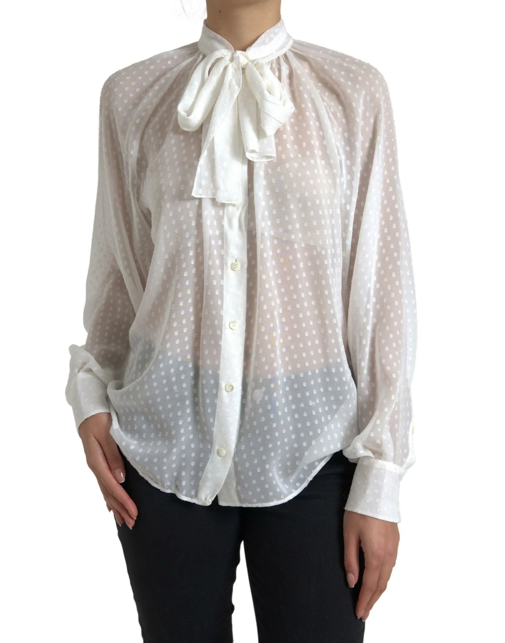 White Silk Sheer Tied Neck Polka Dots Blouse sold by Lord & Taylor