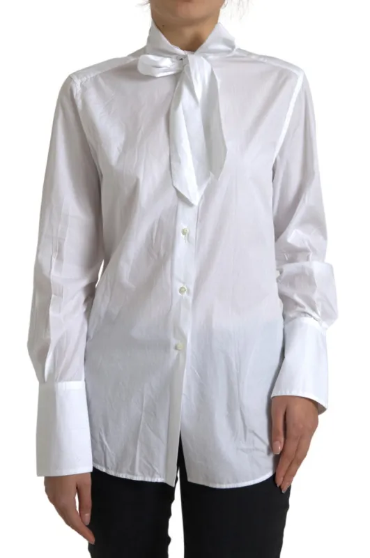 White Cotton Ascot Collar Long Sleeves Top sold by Lord & Taylor
