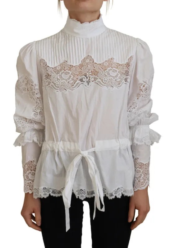 White Cotton Lace Trim Turtle Neck Blouse Top sold by Lord & Taylor