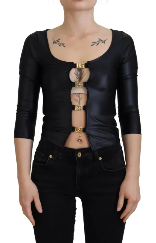 Black Cotton Stretch Open Chest 3/4 Sleeve Top sold by Lord & Taylor