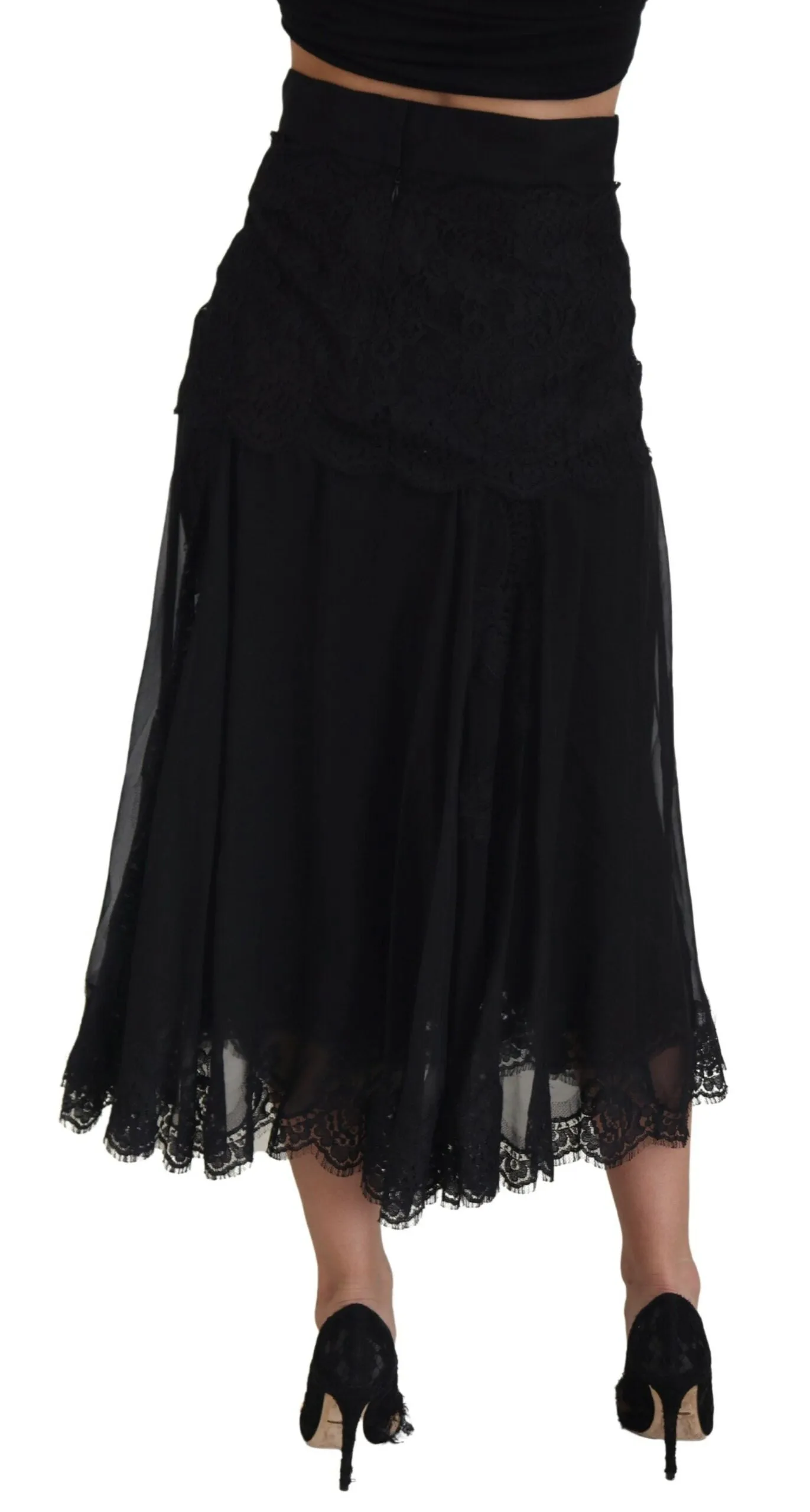Black Silk Lace Trim High Waist Midi Skirt sold by Lord & Taylor product image thumbnail 3