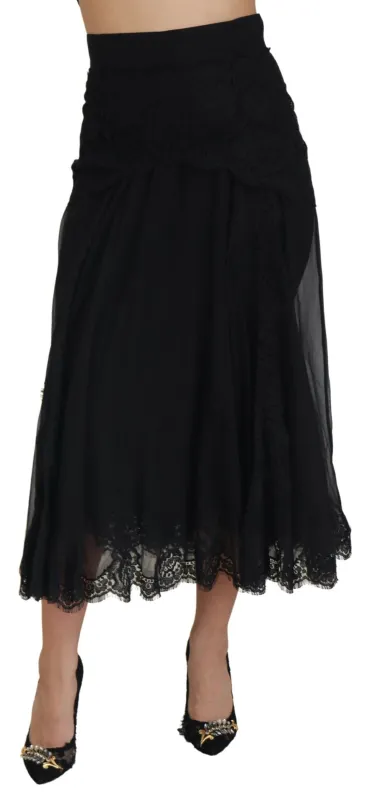 Black Silk Lace Trim High Waist Midi Skirt sold by Lord & Taylor