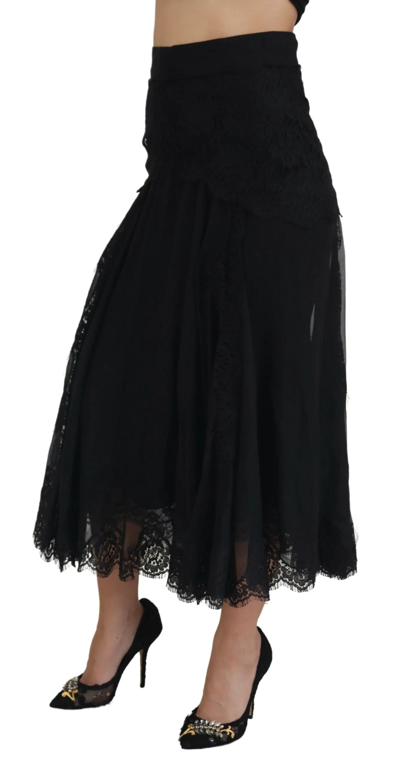 Black Silk Lace Trim High Waist Midi Skirt sold by Lord & Taylor product image thumbnail 2