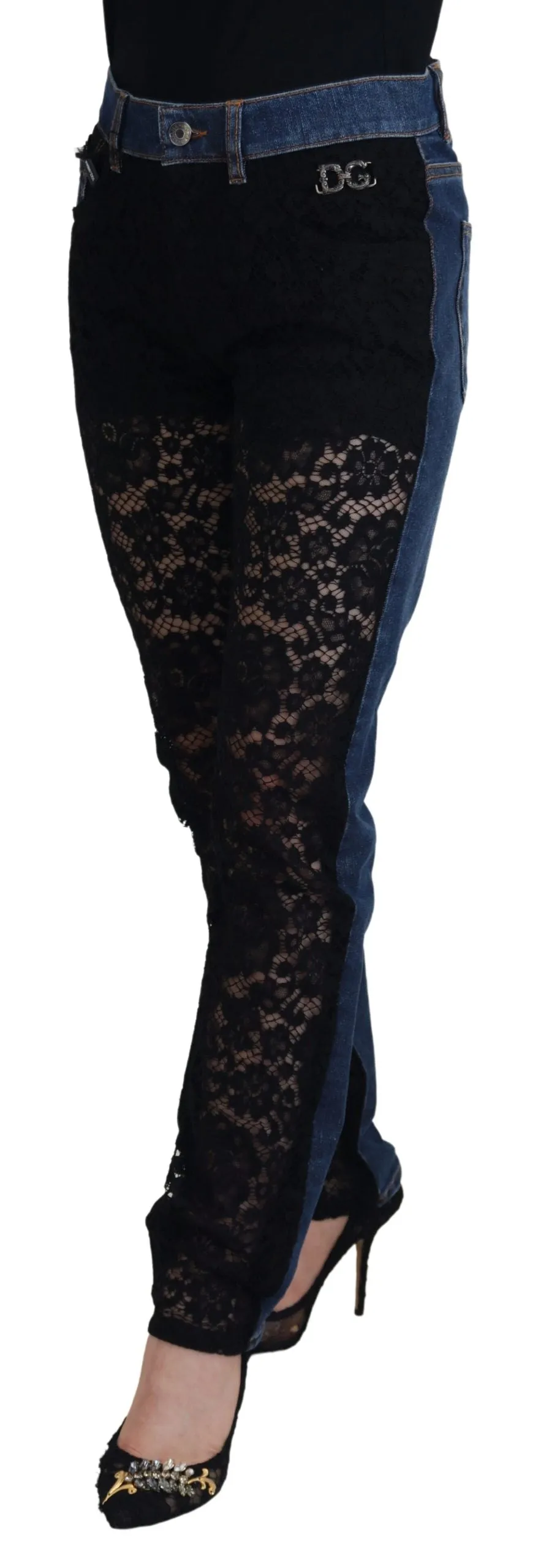 Black Floral Lace Front Skinny Denim Jeans sold by Lord & Taylor product image thumbnail 2