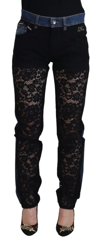 Black Floral Lace Front Skinny Denim Jeans sold by Lord & Taylor