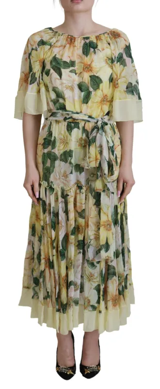 Yellow Floral Print Pleated Maxi Silk Dress sold by Lord & Taylor