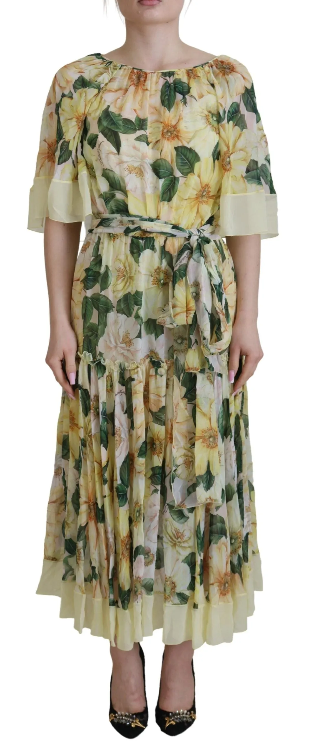Yellow Floral Print Pleated Maxi Silk Dress sold by Lord & Taylor