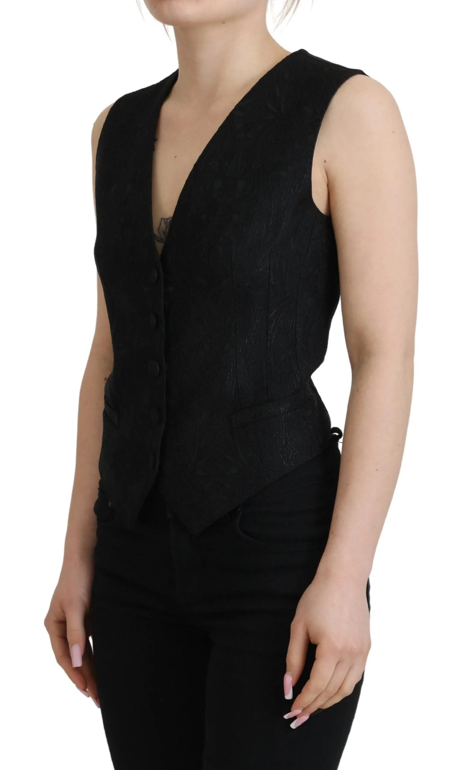 Black Brocade Button Down Sleeveless Vest Top sold by Lord & Taylor product image thumbnail 2