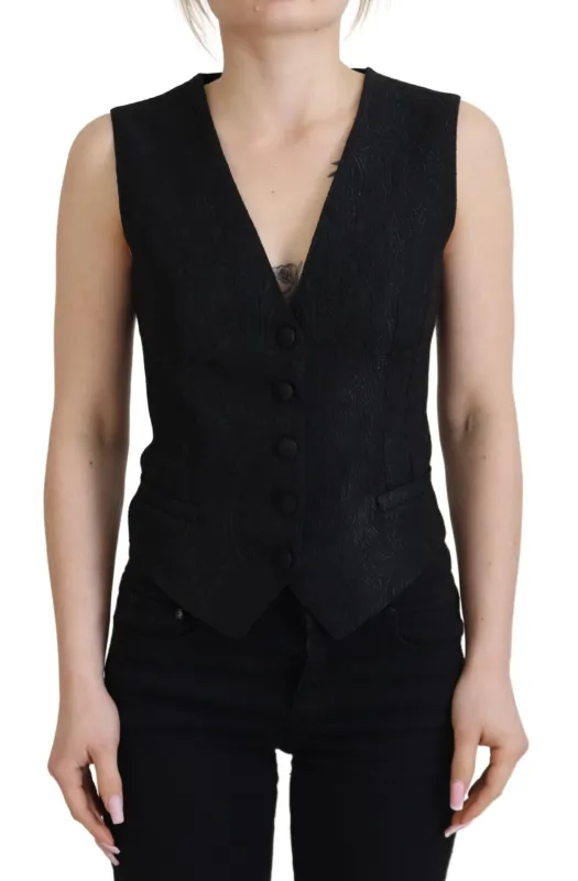 Black Brocade Button Down Sleeveless Vest Top sold by Lord & Taylor