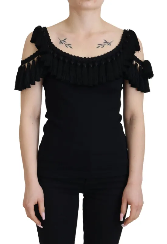 Black Tank Top Blouse Tassle Cotton Blouse sold by Lord & Taylor