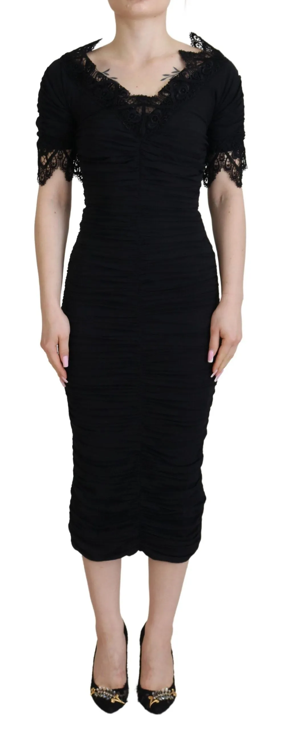 Black Sheath Midi Bodycon Lace Silk Dress sold by Lord & Taylor