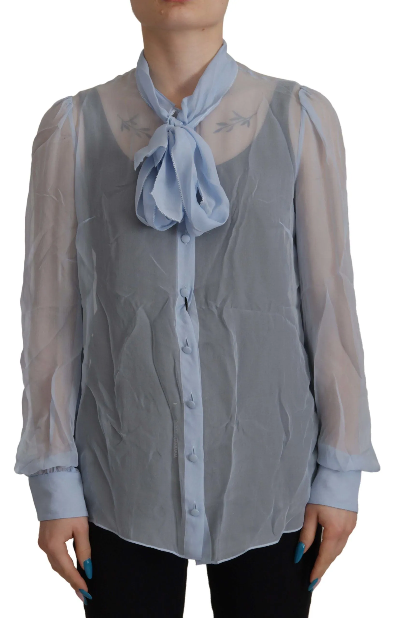 Light Blue Silk Ascot Collar Long Sleeves Top sold by Lord & Taylor