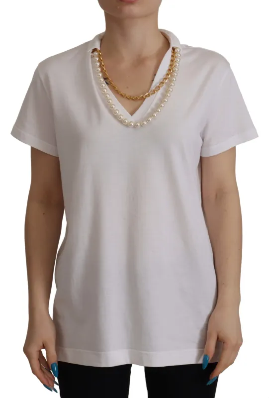 White Necklace Embellished Neckline T-shirt Top sold by Lord & Taylor