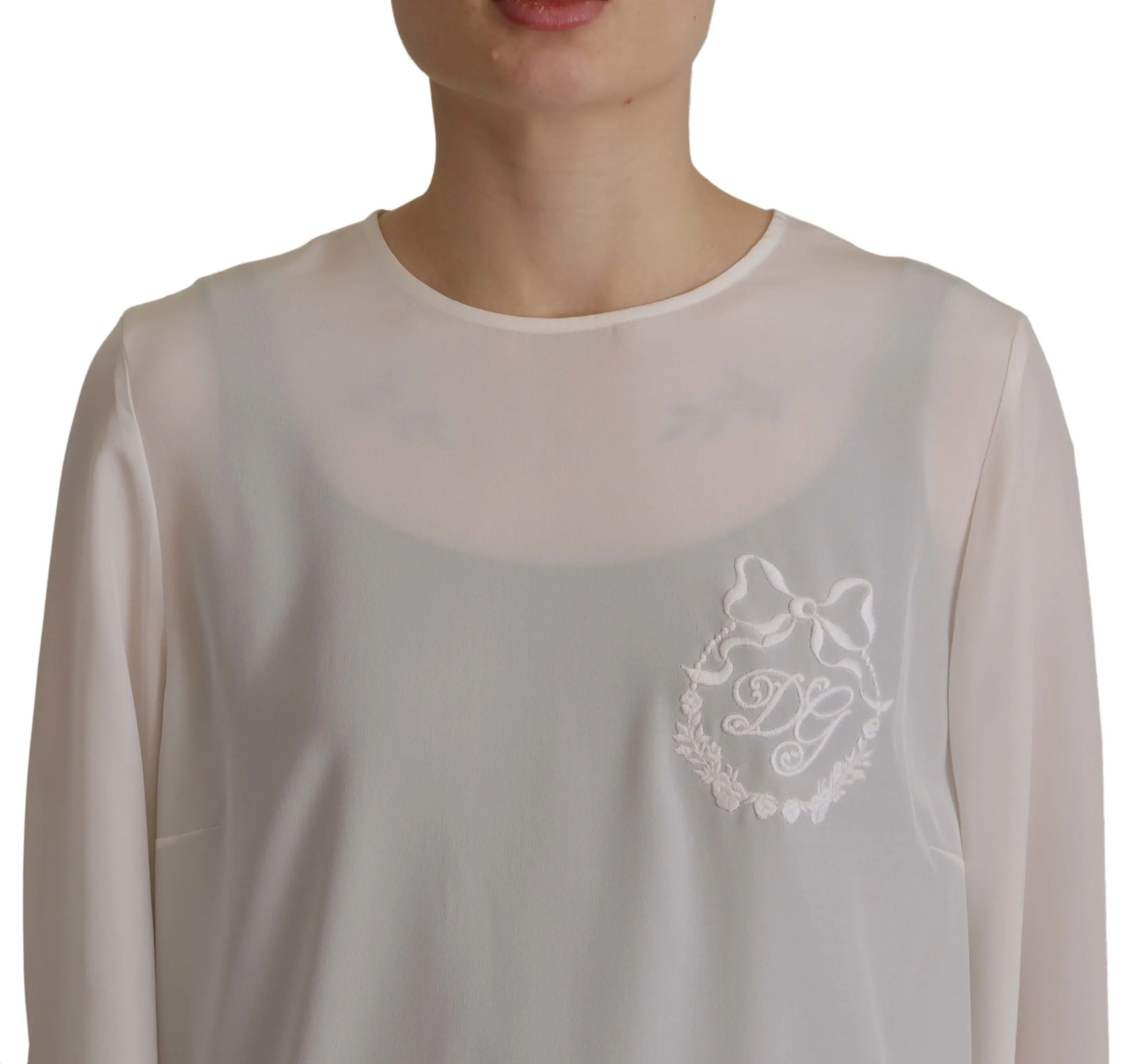 White Silk DG Logo Embroidered Long Sleeves Blouse sold by Lord & Taylor product image thumbnail 3