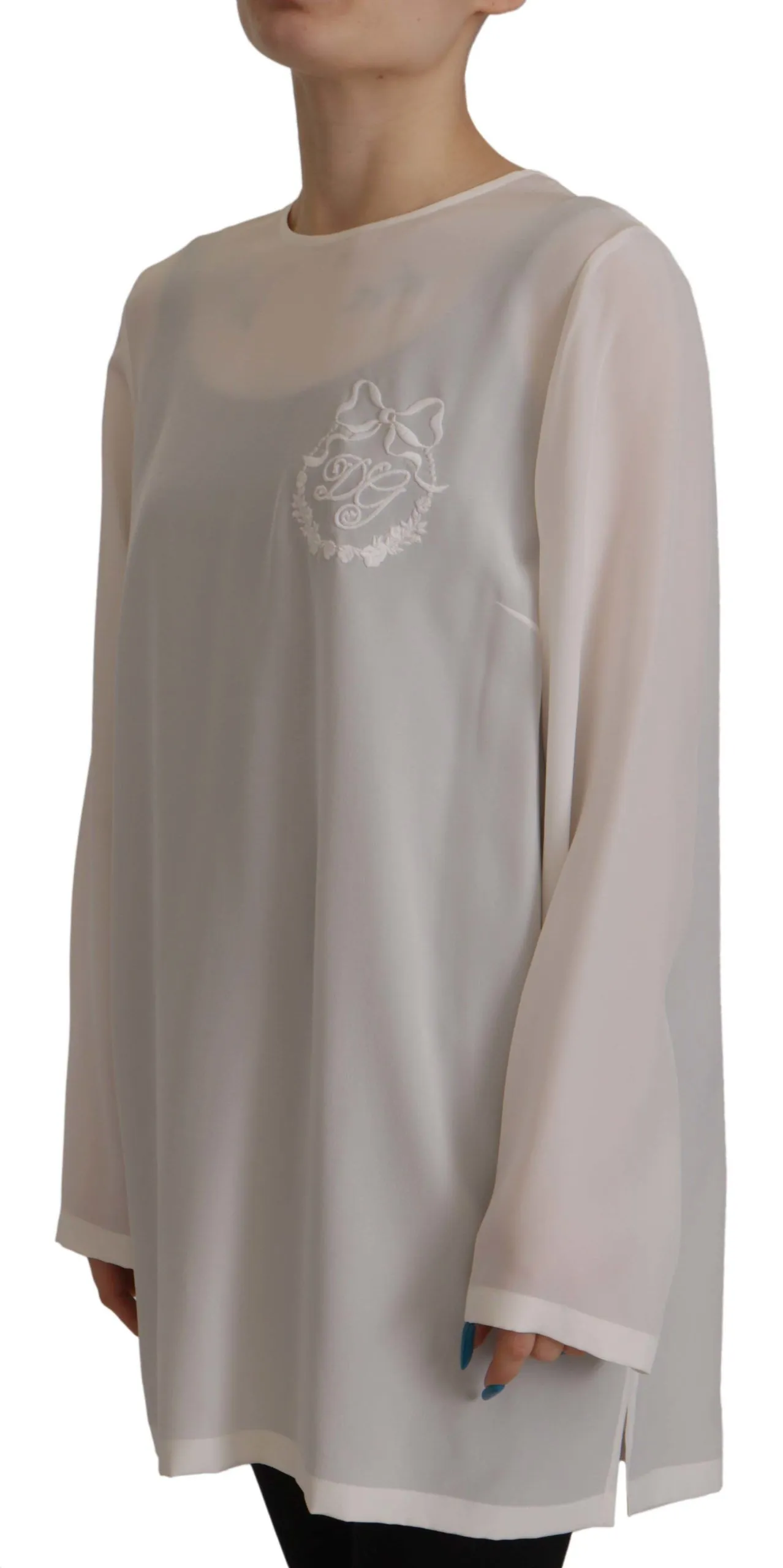 White Silk DG Logo Embroidered Long Sleeves Blouse sold by Lord & Taylor product image thumbnail 4