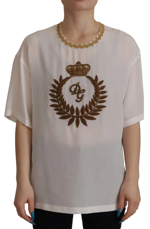 White Silk Gold DG Crown Crystal Blouse Top sold by Lord & Taylor